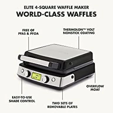 GreenPan Elite 4-Square Belgian Waffle Iron, Healthy Ceramic Nonstick Plates, Easy One-Touch Presets, Black - Image 3