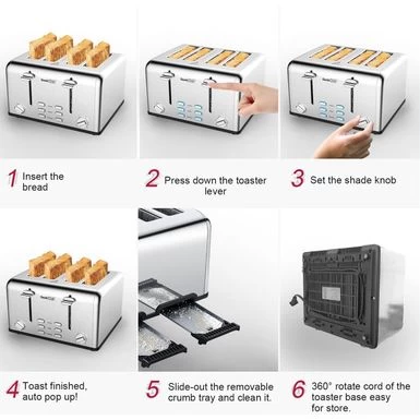1550 W 4-Slice Silver Stainless Steel Wide Slot Toaster With Dual Control Panels - Silver - Image 4