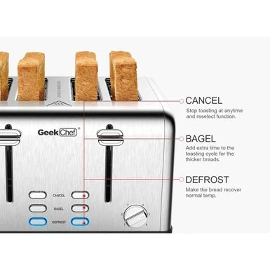 1550 W 4-Slice Silver Stainless Steel Wide Slot Toaster With Dual Control Panels - Silver - Image 3