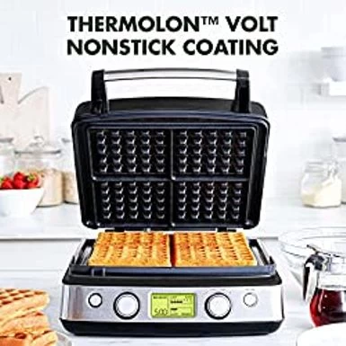 GreenPan Elite 4-Square Belgian Waffle Iron, Healthy Ceramic Nonstick Plates, Easy One-Touch Presets, Black - Image 2