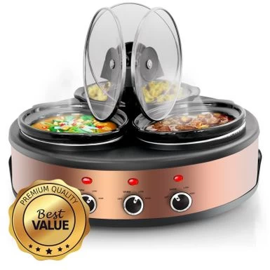 Round Triple 1.5 Qt Slow Cooker Server In Copper With 3 Ceramic Pots - Variable Temperature Control - Stoneware - 1-2 Quarts - Image 2