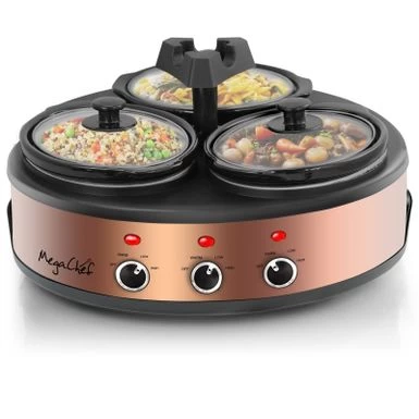 Round Triple 1.5 Qt Slow Cooker Server In Copper With 3 Ceramic Pots - Variable Temperature Control - Stoneware - 1-2 Quarts - Image 3