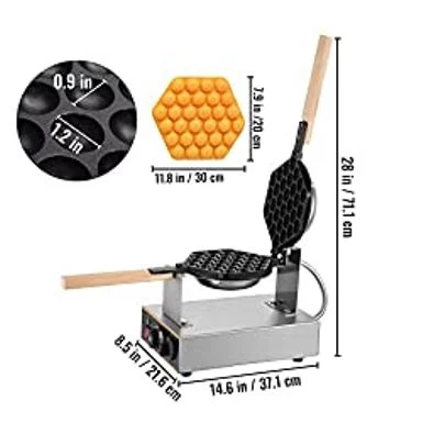 VEVOR Commercial Bubble Waffle Maker, 1400W Egg Bubble Puff Iron W/ 180 Rotatable 2 Pans & Wooden Handles, Stainless Steel Baker W/ Non-Stick Teflon Coating, 50-250/122-482 Adjustable - Image 8
